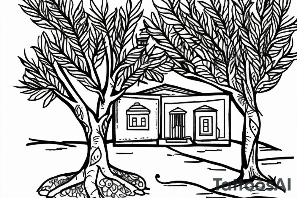 line drawing of a greek house with olive tree outside tattoo idea