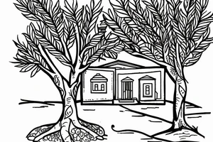 line drawing of a greek house with olive tree outside tattoo idea
