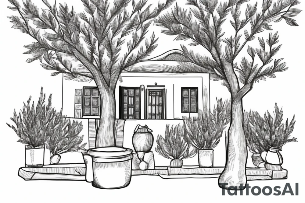 line drawing of a greek house with olive tree outside tattoo idea