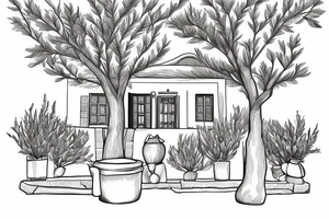 line drawing of a greek house with olive tree outside tattoo idea