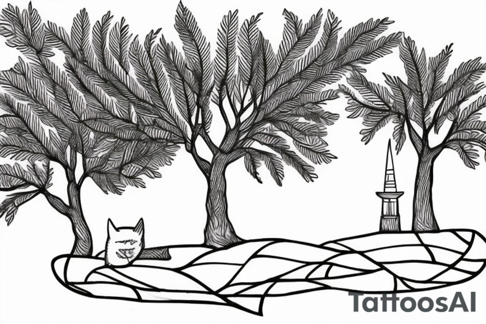 simple line drawing of a greek house with and olive tree and cat outside tattoo idea
