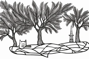 simple line drawing of a greek house with and olive tree and cat outside tattoo idea