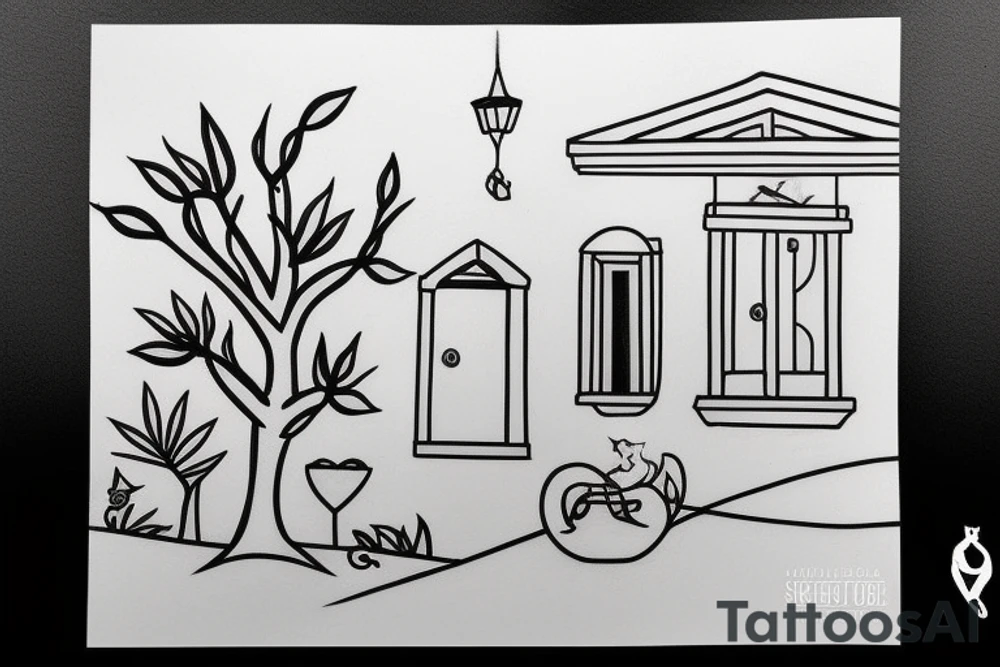 simple line drawing of a greek house with and olive tree and cat outside tattoo idea