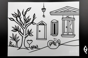 simple line drawing of a greek house with and olive tree and cat outside tattoo idea
