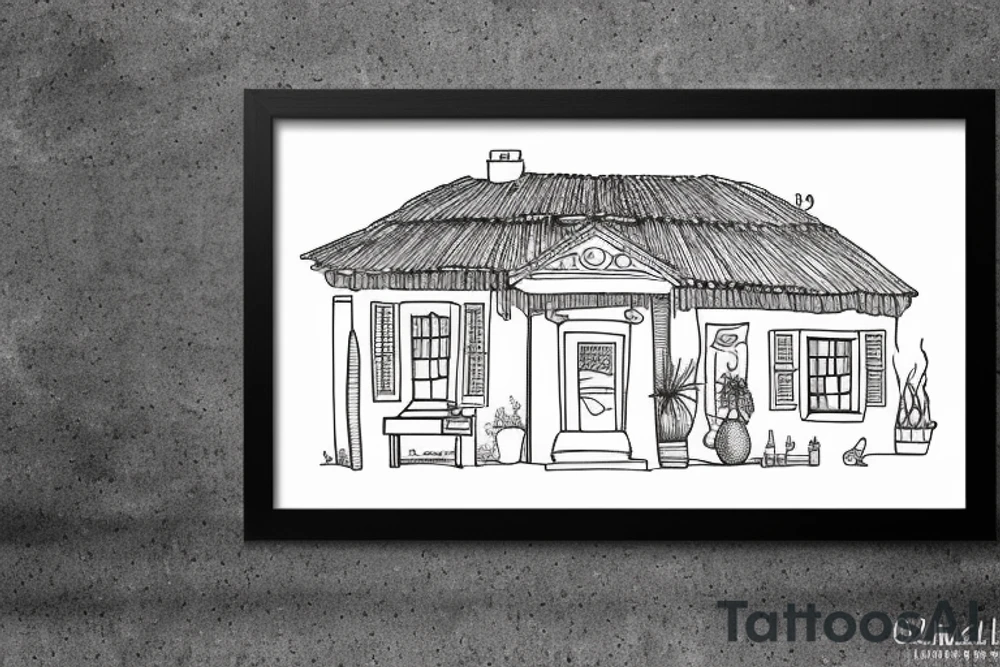 a framed 
simple line drawing of a Greek house with and olive tree and cat outside tattoo idea