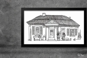 a framed 
simple line drawing of a Greek house with and olive tree and cat outside tattoo idea