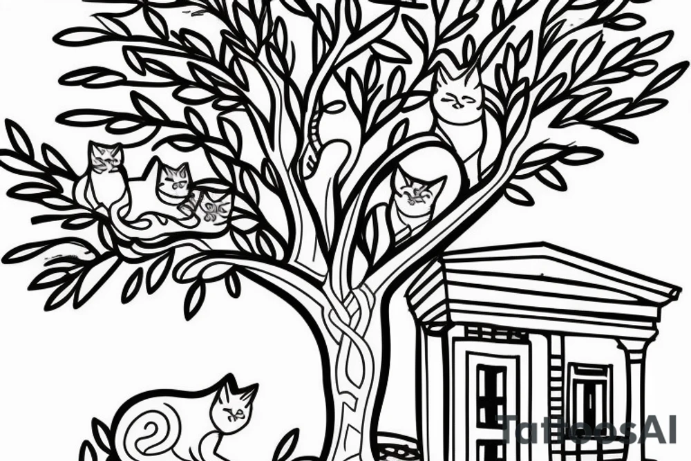 a framed 
simple line drawing of a Greek house with and olive tree and cat outside tattoo idea
