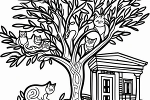 a framed 
simple line drawing of a Greek house with and olive tree and cat outside tattoo idea