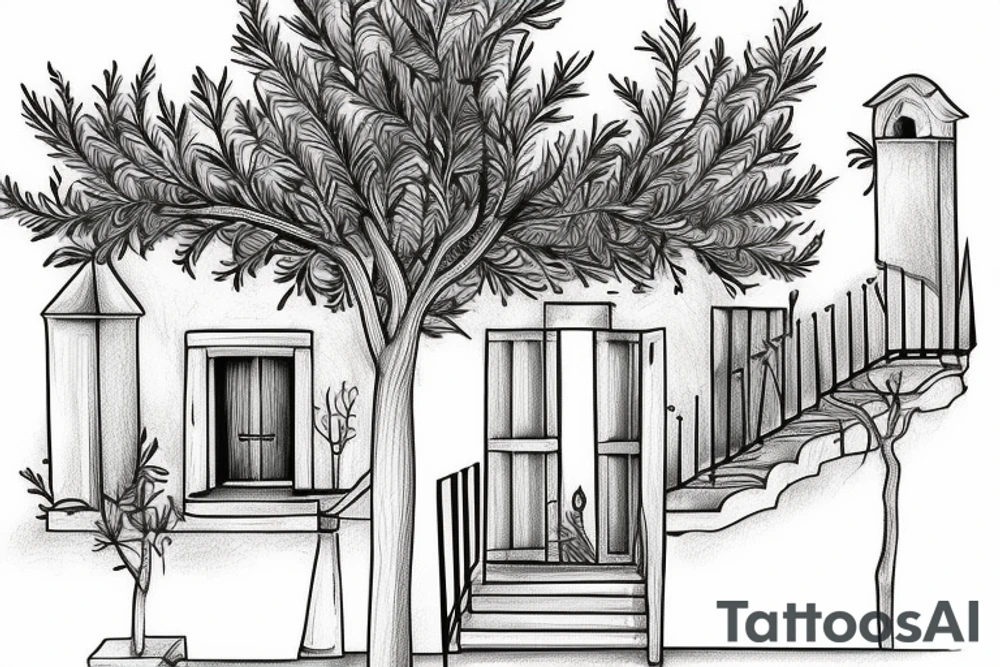 A line drawing of a traditional Greek house, with olive tree on the stairs tattoo idea