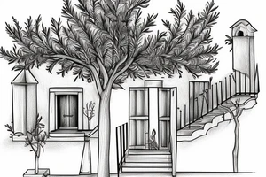 A line drawing of a traditional Greek house, with olive tree on the stairs tattoo idea