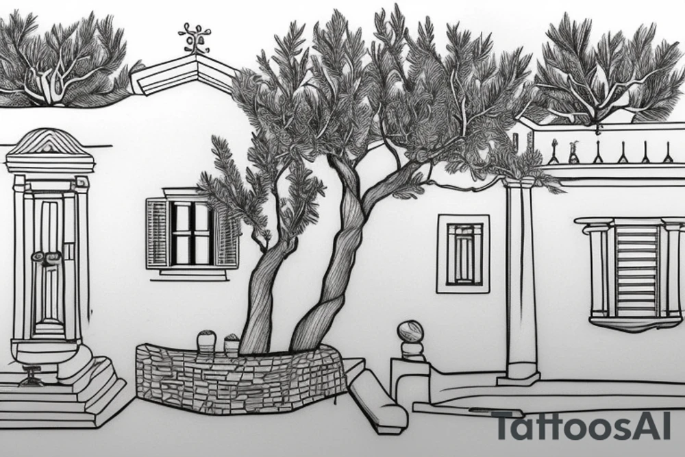 A line drawing of a traditional Greek house, with olive tree on the stairs tattoo idea