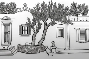 A line drawing of a traditional Greek house, with olive tree on the stairs tattoo idea