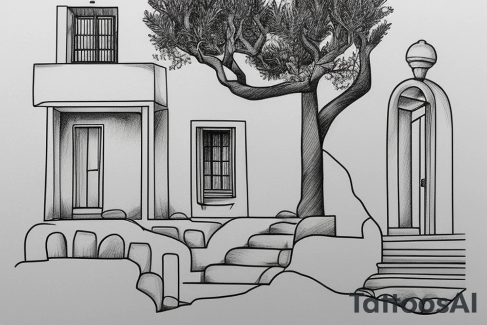A line drawing of a traditional Greek house, with olive tree on the stairs. Sea in the background and overall picture framed tattoo idea
