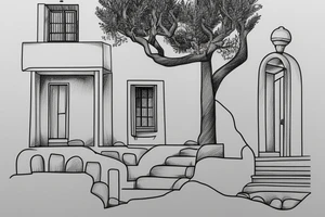 A line drawing of a traditional Greek house, with olive tree on the stairs. Sea in the background and overall picture framed tattoo idea
