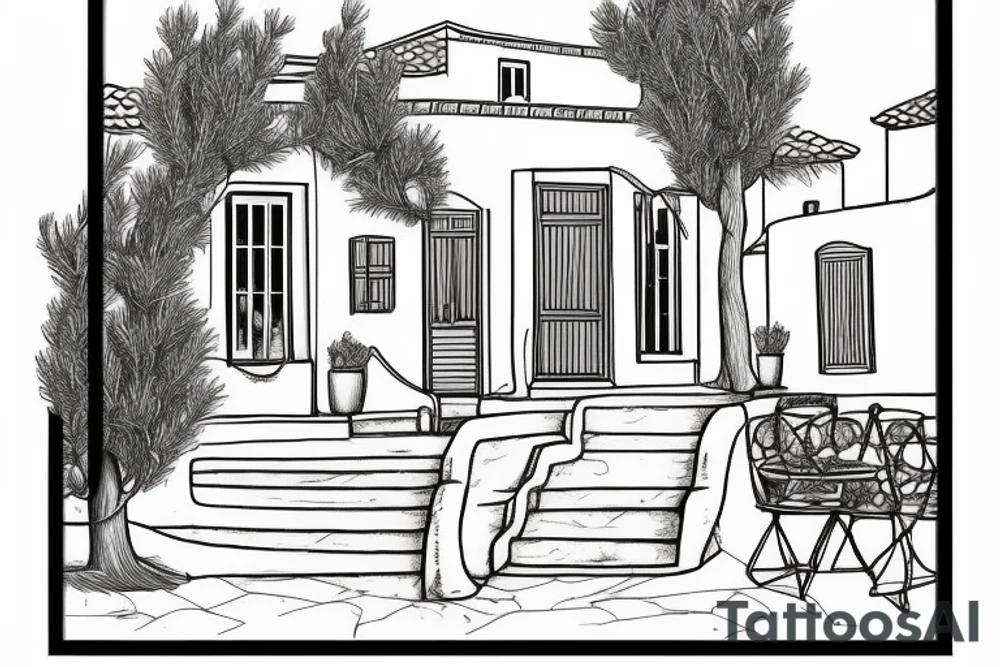 A line drawing of a traditional Greek house, with olive tree on the stairs. Sea in the background and overall picture framed tattoo idea
