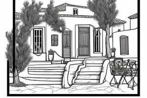 A line drawing of a traditional Greek house, with olive tree on the stairs. Sea in the background and overall picture framed tattoo idea