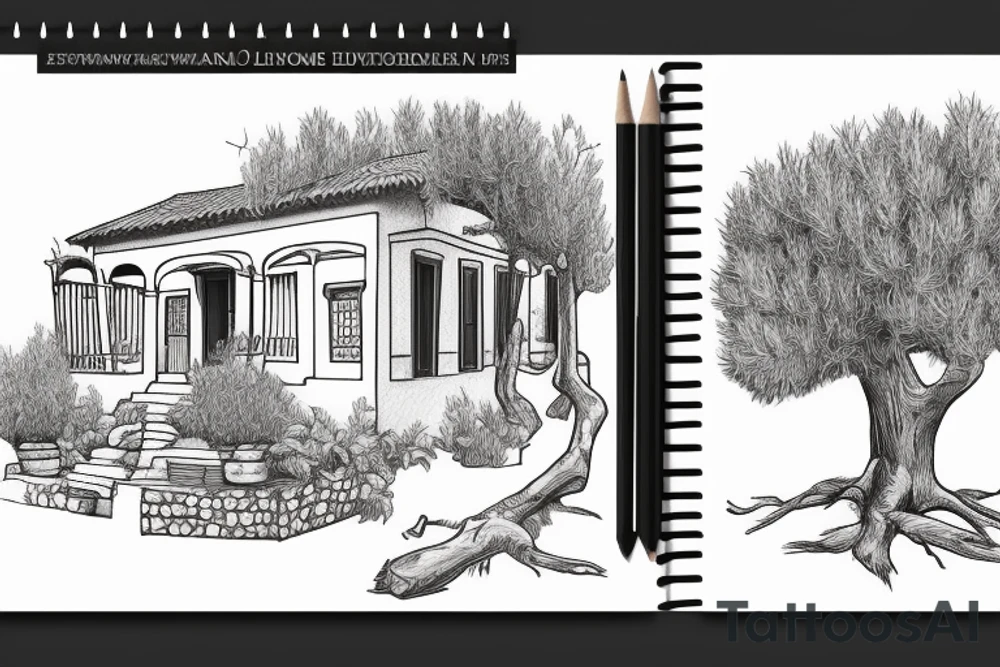 a line drawing of an old-fashioned greek house, on a hil. Olive tree on the stairs tattoo idea