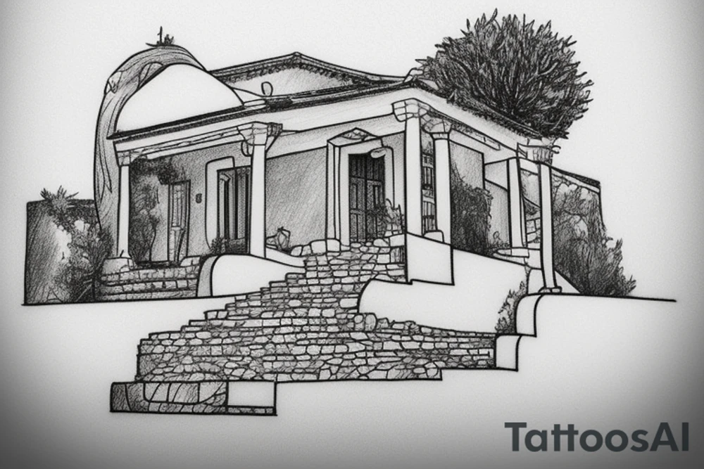 a simple line drawing of a Greek house, on a hill. Olive tree on the stairs tattoo idea