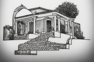 a simple line drawing of a Greek house, on a hill. Olive tree on the stairs tattoo idea