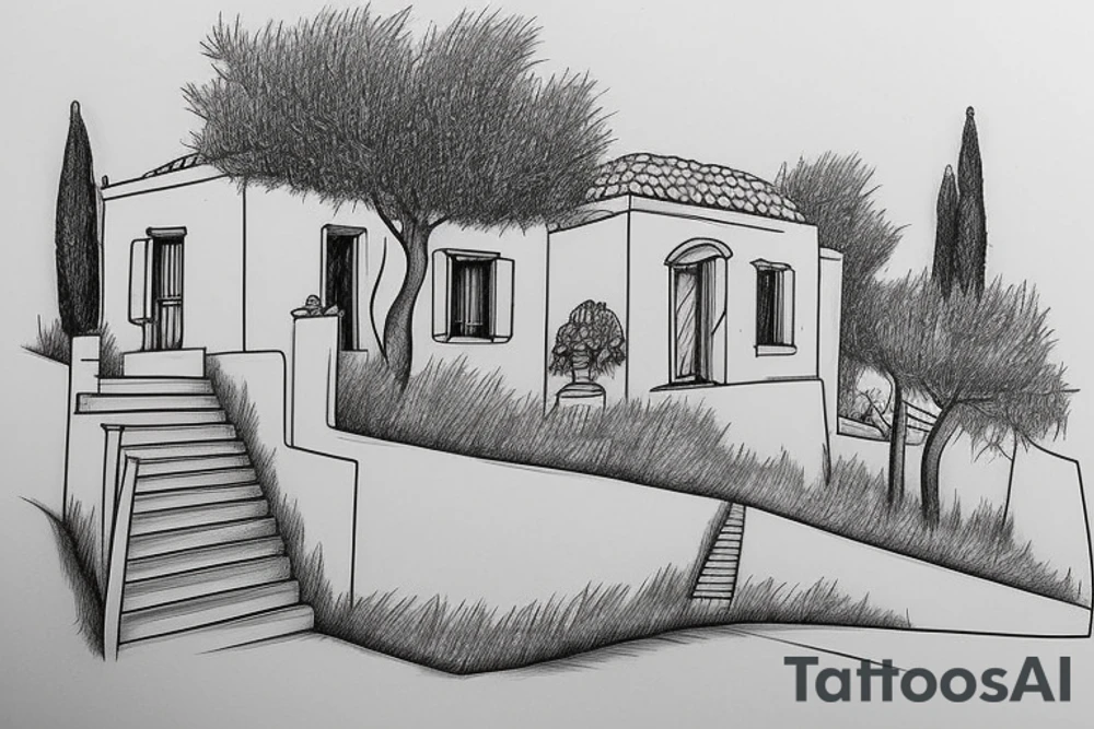 a simple line drawing of a Greek house, on a hill. Olive tree on the stairs tattoo idea