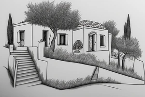 a simple line drawing of a Greek house, on a hill. Olive tree on the stairs tattoo idea