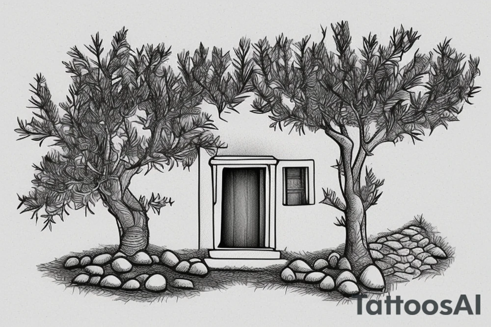 a simple line drawing of a small Greek house, on a hill. Olive tree on the stairs tattoo idea
