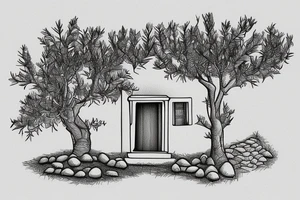a simple line drawing of a small Greek house, on a hill. Olive tree on the stairs tattoo idea