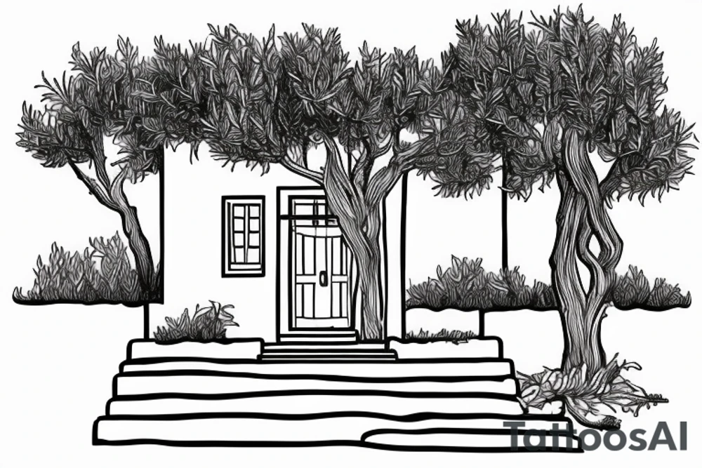 a simple line drawing of a small Greek house, on a hill. Olive tree on the stairs tattoo idea