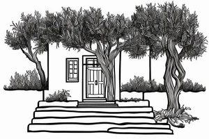 a simple line drawing of a small Greek house, on a hill. Olive tree on the stairs tattoo idea