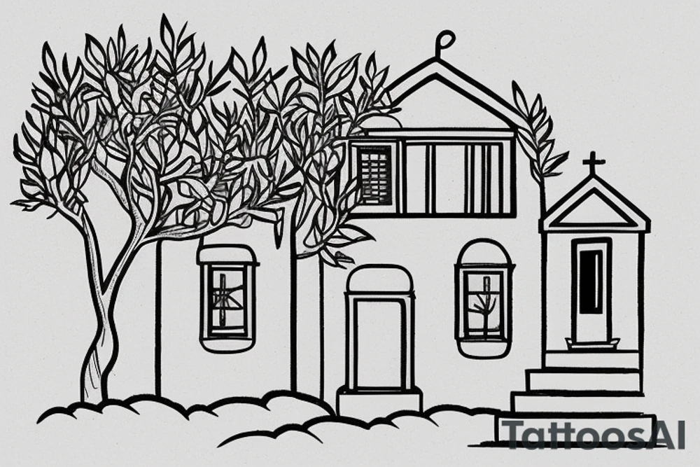 a simple line drawing of a small Greek house, on a hill. Olive tree on the stairs tattoo idea