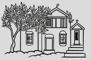 a simple line drawing of a small Greek house, on a hill. Olive tree on the stairs tattoo idea