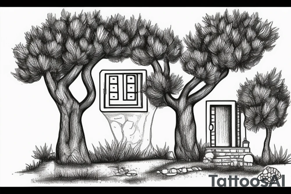 a simple line drawing of a small Greek house, on a hill. Olive tree on the stairs tattoo idea