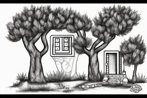 a simple line drawing of a small Greek house, on a hill. Olive tree on the stairs tattoo idea