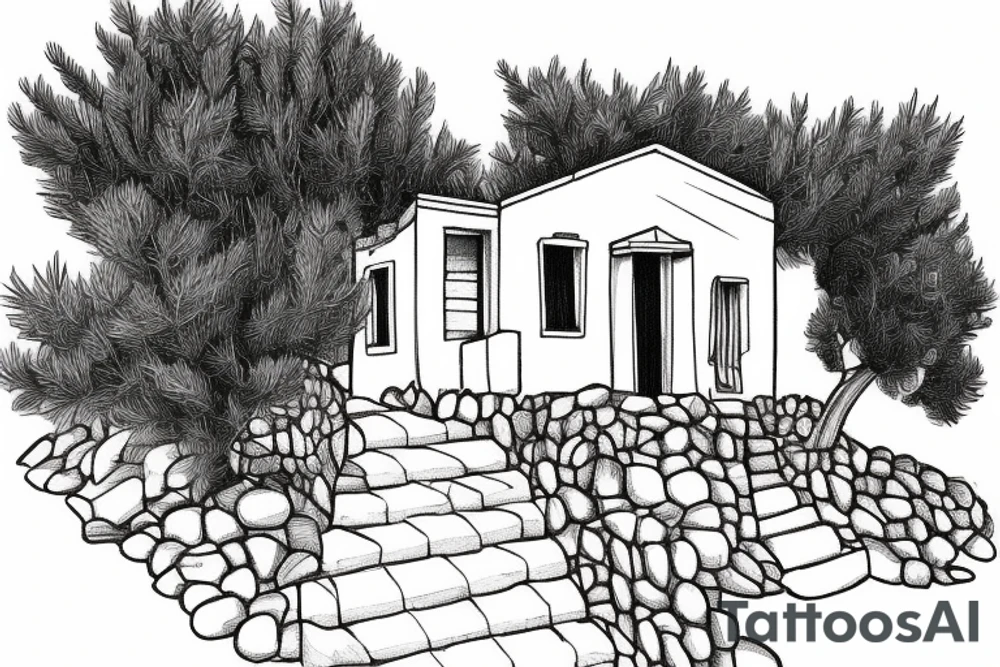a simple line drawing of a small Greek house, on a hill. Olive tree on the stairs tattoo idea