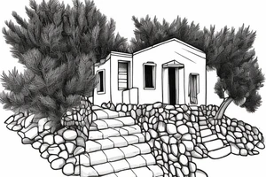 a simple line drawing of a small Greek house, on a hill. Olive tree on the stairs tattoo idea