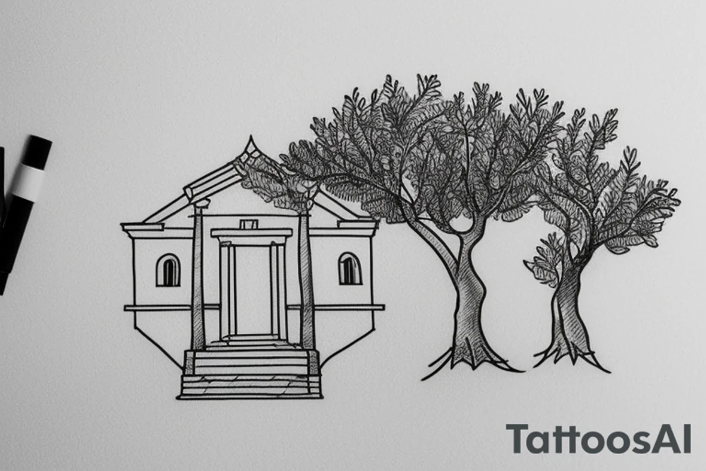 a simple line drawing of a small Greek house, on a hill. Olive tree on the stairs tattoo idea