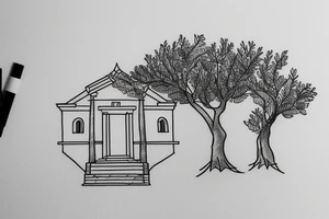 a simple line drawing of a small Greek house, on a hill. Olive tree on the stairs tattoo idea