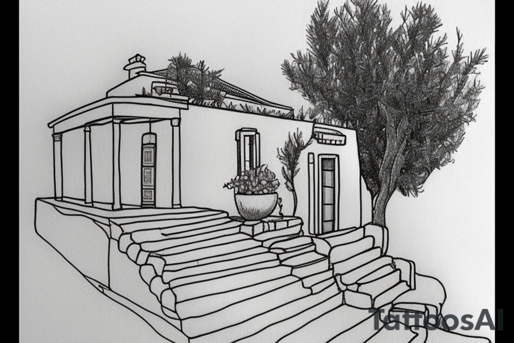 a simple line drawing of a small Greek house, on a hill. Olive tree on the stairs tattoo idea