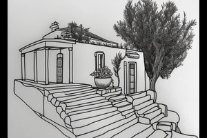a simple line drawing of a small Greek house, on a hill. Olive tree on the stairs tattoo idea