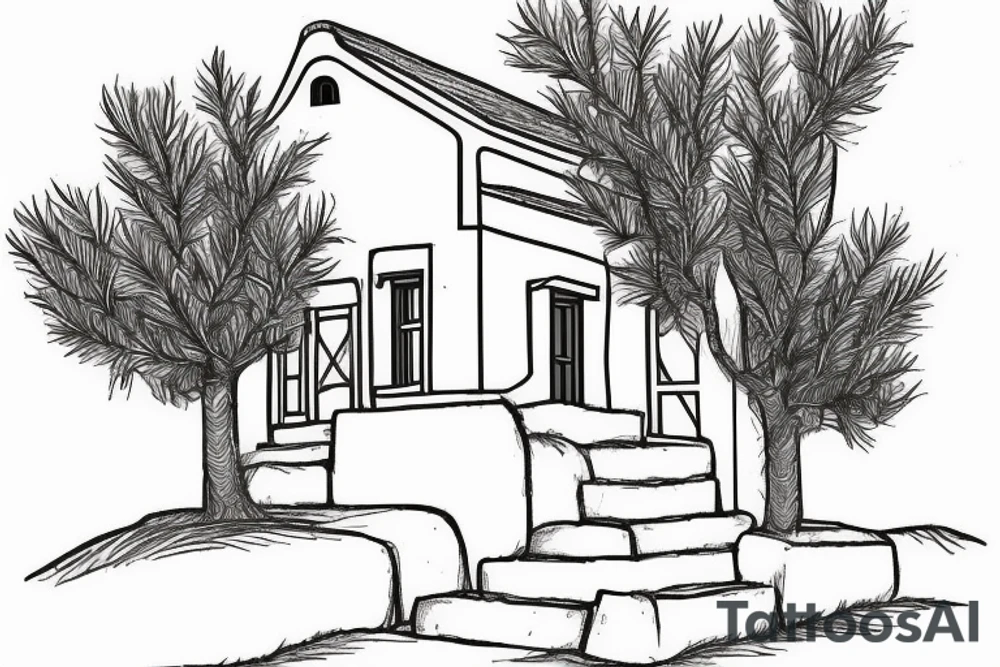 a simple line drawing of a small Greek house, on a hill. Olive tree on the stairs tattoo idea