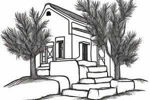 a simple line drawing of a small Greek house, on a hill. Olive tree on the stairs tattoo idea