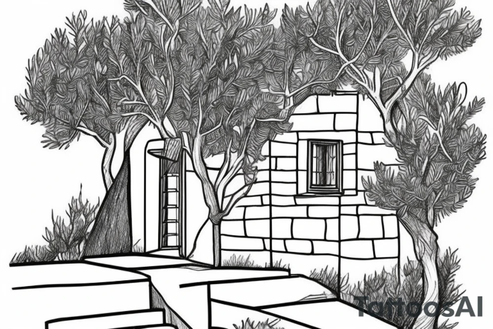 a simple line drawing of a small Greek house, on a hill. Olive tree on the stairs tattoo idea