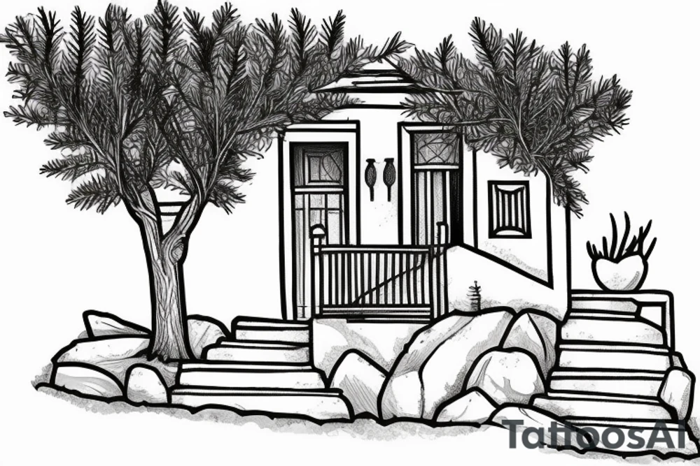 a simple line drawing of a small Greek house, on a hill. Olive tree on the stairs tattoo idea
