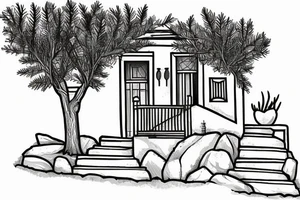 a simple line drawing of a small Greek house, on a hill. Olive tree on the stairs tattoo idea