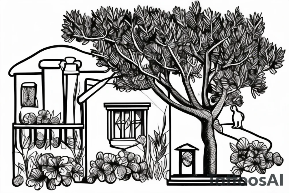 a simple line drawing of a small Greek house, on a hill. A small Olive tree and cat
 on the stairs tattoo idea