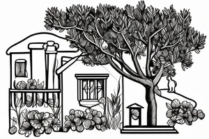 a simple line drawing of a small Greek house, on a hill. A small Olive tree and cat
 on the stairs tattoo idea