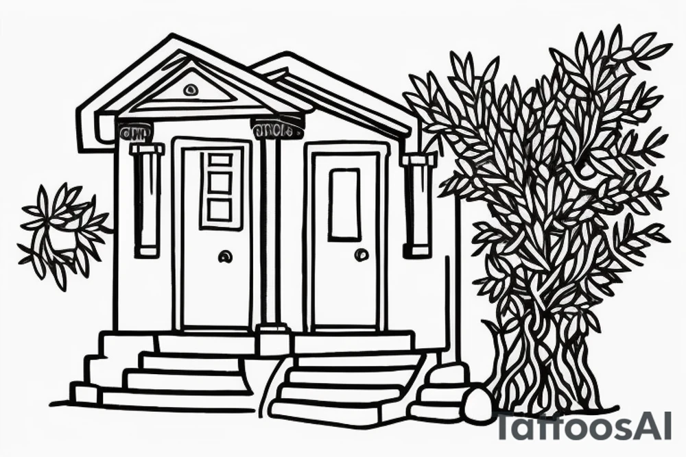 a simple line drawing of a small Greek house, on a hill. A small Olive tree and cat
 on the stairs tattoo idea