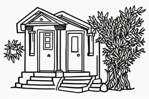 a simple line drawing of a small Greek house, on a hill. A small Olive tree and cat
 on the stairs tattoo idea