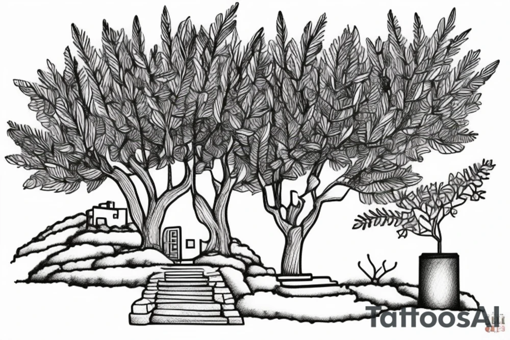 a simple line drawing of a small Greek house, on a hill. A small Olive tree and cat
 on the stairs tattoo idea
