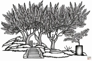 a simple line drawing of a small Greek house, on a hill. A small Olive tree and cat
 on the stairs tattoo idea